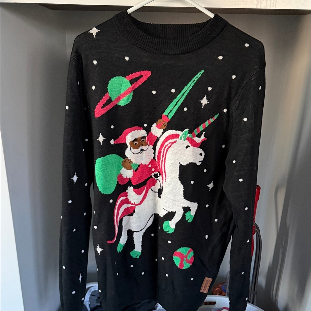 Tipsy Elves Black Sweater with Santa and Unicorn Design ugly Xmas sweater